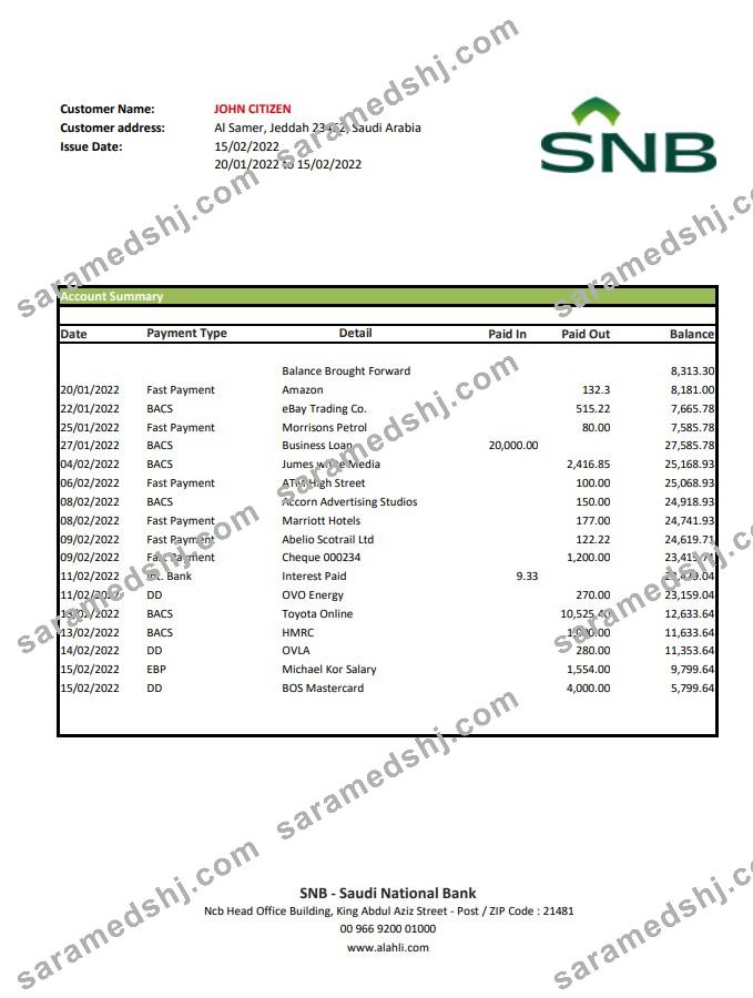 Saudi Arabia SNB bank statement xls
